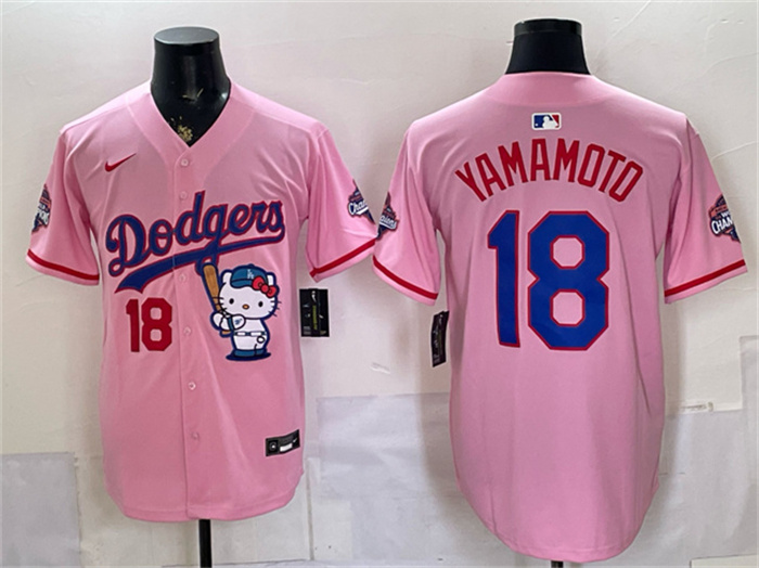 Men's Los Angeles Dodgers #18 Yoshinobu Yamamoto Pink Hello Kitty Night 2025 World Series Champions Patch Stitched Baseball Jersey Men's Los Angeles Dodgers #18 Yoshinobu Yamamoto Pink Hello Kitty Night 2025 World Series Champions Patch Stitched Baseball Jersey
